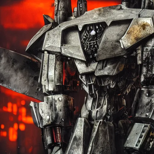 Prompt: closeup of mecha with surface of knives and forks, dark messy smoke - filled cluttered workshop, dark, dramatic lighting, orange tint, cinematic, highly detailed, sci - fi, futuristic, movie still from blade runner