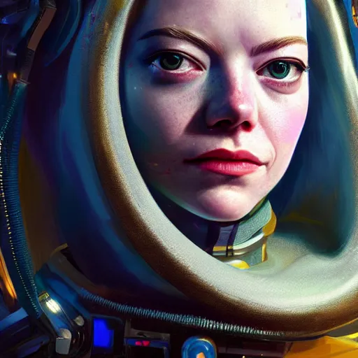 Image similar to cosmic cyberpunk portrait of emma stone, hyper detailed, digital art, trending in artstation, cinematic lighting, studio quality, smooth render, unreal engine 5 rendered, octane rendered, art style by klimt and nixeu and ian sprigger and wlop and krenz cushart.