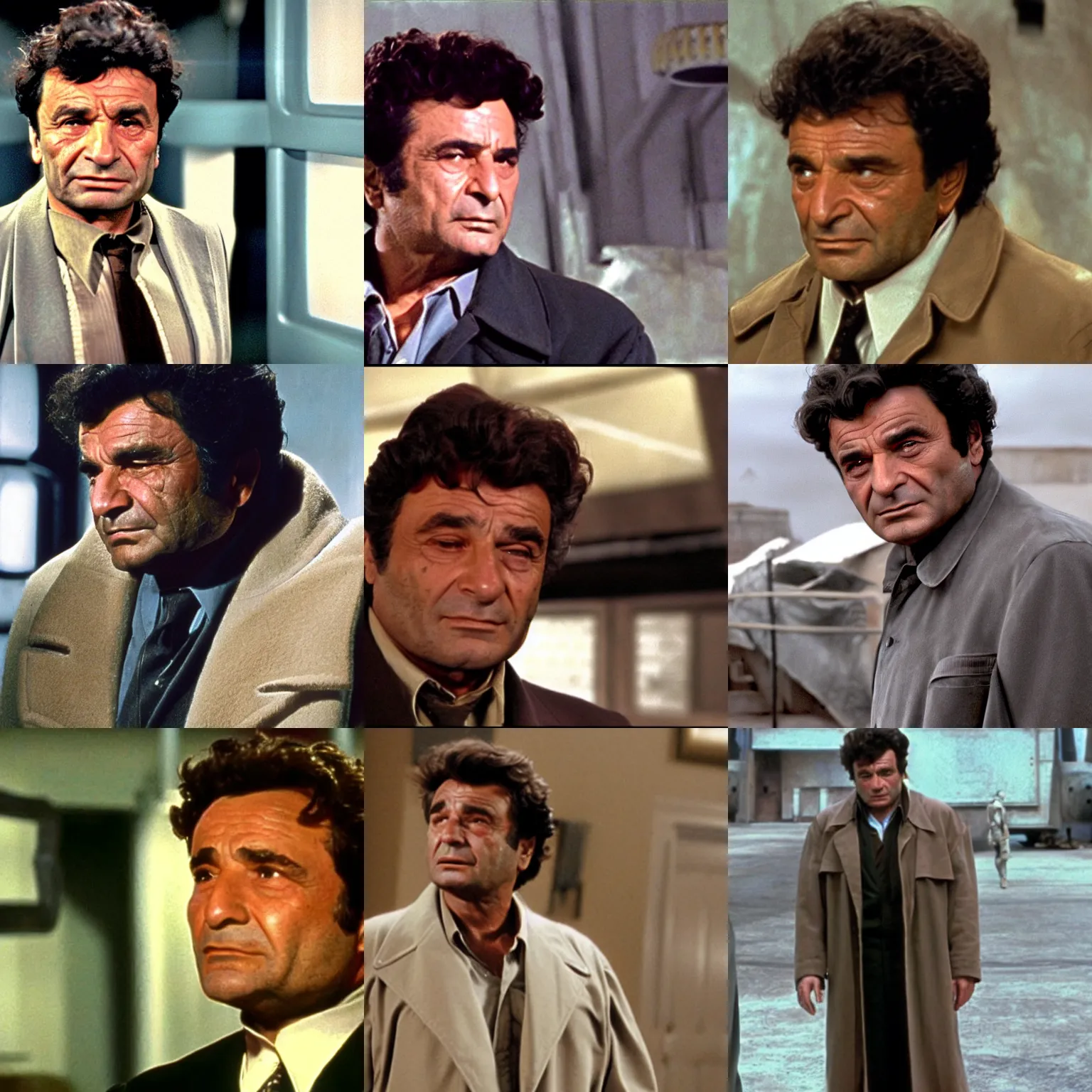 Prompt: a young peter falk as detective columbo in his trenchcoat, squinting, in star wars : episode iii - revenge of the sith