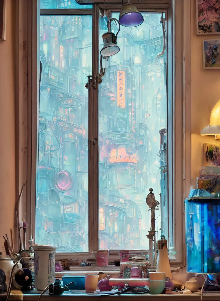 Image similar to telephoto 7 0 mm f / 2. 8 iso 2 0 0 photograph depicting the feeling of chrysalism in a cosy cluttered french sci - fi ( art nouveau ) cyberpunk apartment in a pastel dreamstate art style. ( computer screens, window ( rain ), sink, lamp ( ( fish tank ) ) ), ambient light.