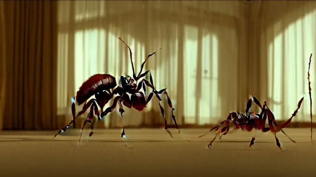 Prompt: the giant ant in the living room, film still from the movie directed by Denis Villeneuve with art direction by Salvador Dalí, wide lens