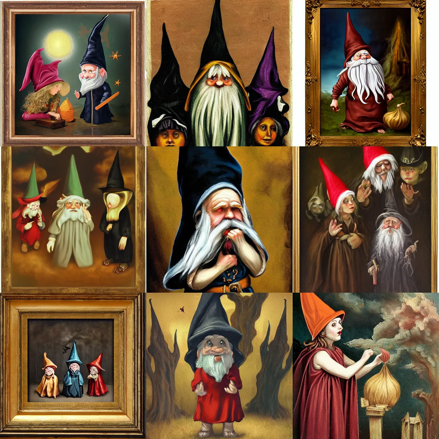 Prompt: gnome wearing witch hat and witch robes, baroque painting, creepy