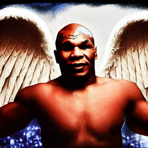 Image similar to mike tyson dressed as the angel of love, realistic portrait