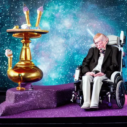 Image similar to Stephen Hawking with silver-violet hair, white eyes and golden glittery dress, wide lens, diorama, 4k,