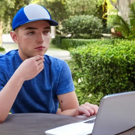 Prompt: back of short college guy with short blonde hair wearing a blue baseball cap and grey shirt sitting in a chair typing an essay on a laptop