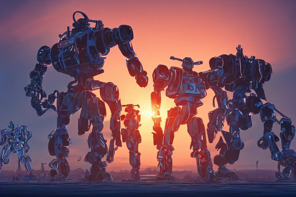 Image similar to Ralph Bakshi Style Micronauts Cartoon With Mecha Designs By Syd Mead, battle near a lakeside, sunrise, octane render, 8K, HDR, volumetric lighting, hyperrealistic