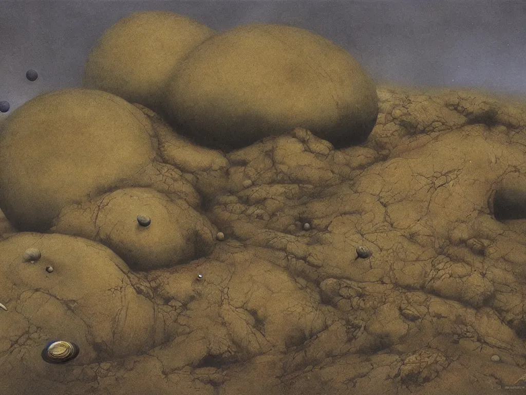 Image similar to Fauna on Saturn a million years ago. Giant wind sculpted marbled boulders, menhirs, fog, spores. Artwork by Beksiński, Lucas Cranach