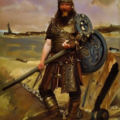 Prompt: a viking warrior with steampunk details, oil painting by John Singer Sargent.