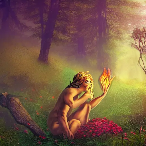 Prompt: phoenix deity resting in a forest, sitting in an unburnt patch of flowers and grass, hd, fantasy, realism.