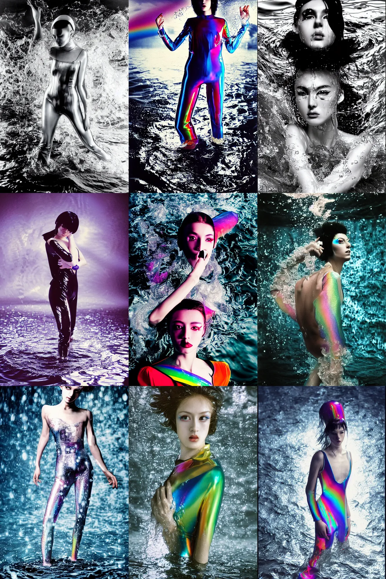 Prompt: Beautiful Sergey Piskunov style seinen manga Fashion photography portrait (1980s) paris flood movie still from underwater scene of androgyny dancer, wearing refracting rainbow diffusion wet plastic Balenciaga designed specular highlights anti-g jump suit, half submerged in heavy nighttime floods, water to waste, , épaule devant pose;pursed mouth; mercury white;,pixie hair,;oversized emerald eyes;eye contact;,petite nose; by Nabbteeri, ultra realistic, Panavision Panaflex X , Technicolor, 8K, 35mm lens, three point perspective, chiaroscuro, highly detailed, by moma, by Nabbteeri