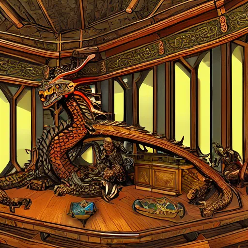 Prompt: the inside of a dragon hunters office with weapons and dragon head trophies, in the style of a masterpiece digital illustration