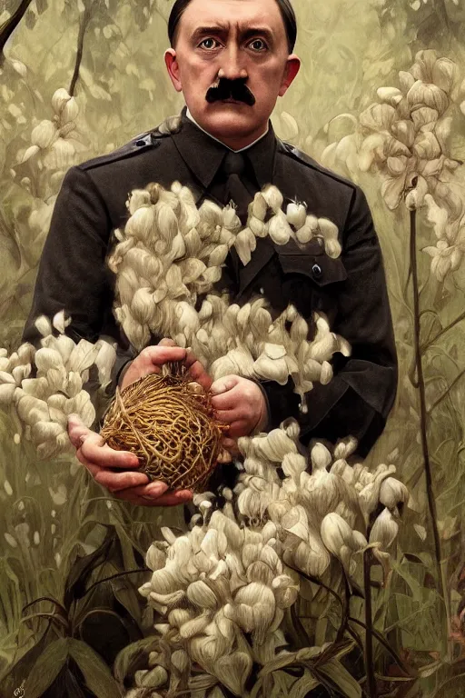 Image similar to beautiful cottagecore adolf hitler holding a Black Onion, blonde Hair, dark forest, intricate, elegant, highly detailed, digital painting, artstation, concept art, smooth, sharp, focus, illustration, art by artgerm and greg rutkowski and alphonse mucha