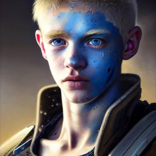 Image similar to portrait painting of a post - apocalyptic blonde teenager with blue eyes and patchy hair wearing light scrap armor with an old gun on his back, ultra realistic, concept art, intricate details, eerie, highly detailed, photorealistic, octane render, 8 k, unreal engine. art by artgerm and greg rutkowski and charlie bowater and magali villeneuve and alphonse mucha