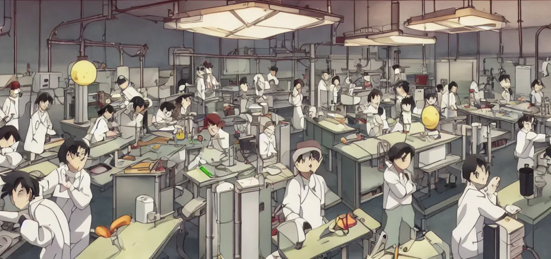 Prompt: A dimly lit laboratory with machines that clone Pokémon, art by Hayao Miyazaki, art by Studio Ghibli, anime style