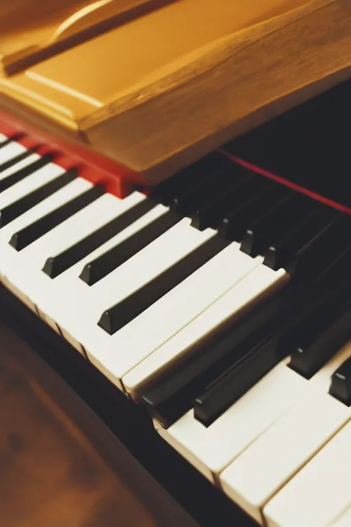 Image similar to Close-up of a piano, black gloss, keys, dark room, light from the window falls on the piano keys, dust is in the air, realistic, photo 35mm, Kodak 35mm, photorealistic, 8K, 8K resolution, 4K, high quality, Super-high quality, hyperrealistic