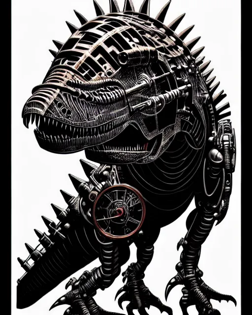 Image similar to a steampunk cyborg t - rex dinosaur, high details, symmetry, bold line art, by vincent di fate and joe fenton, inking, etching, screen print, masterpiece, trending on artstation, sharp, high contrast, hyper - detailed,, hd, 4 k, 8 k