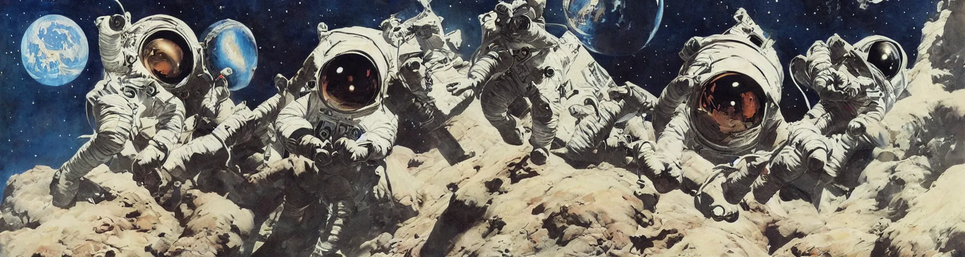 Image similar to astronauts in the space by frank frazetta