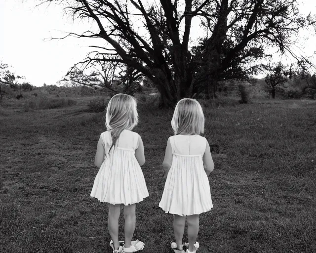 Image similar to Twin girls at iron gate at sunset - black and white photo