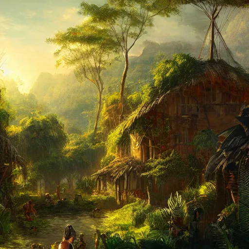 Image similar to the village in a bright jungle, dramatic lighting, oil painting, pale colors, high detail, 8 k, wide angle, trending on artstation,
