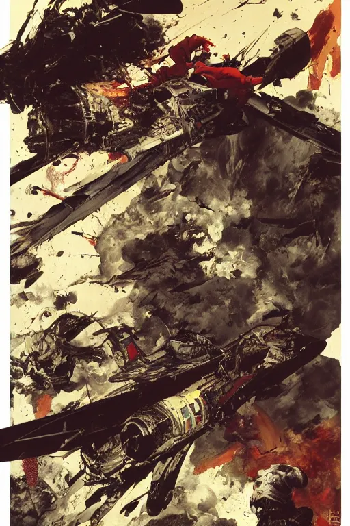 Prompt: full page illustration, tetsuo destroys a Sukoi Su-27 jet fighter, Katsuhiro Otomo, Phil hale, Ashley wood, Ilya repin, frank frazetta, 8k, hd, high resolution print