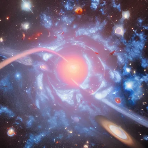 Image similar to hubble image of army of planets in galactic maelstrom, fire, vray, 5 5 mm