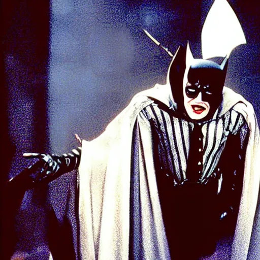 Prompt: film still of beetlejuice as batman 1 9 8 9