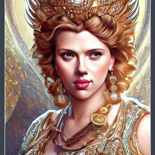 Image similar to Scarlett Johansson as a Greek Godess, cute, fantasy, intricate, elegant, highly detailed, centered, digital painting, artstation, concept art, smooth, sharp focus, illustration, art by artgerm and H R Giger and alphonse mucha