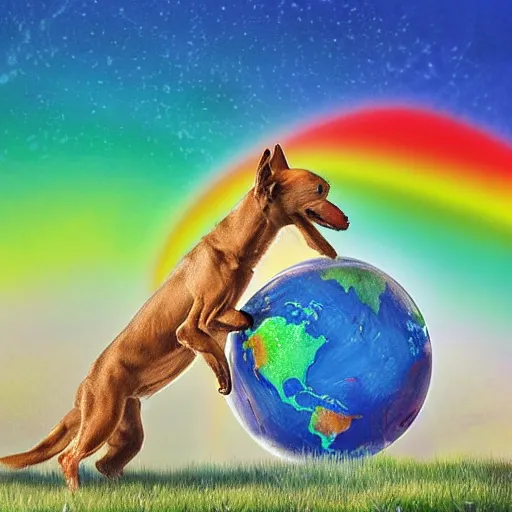 Image similar to rainbow dog carrying the earth in its mouth, 8 k, hd