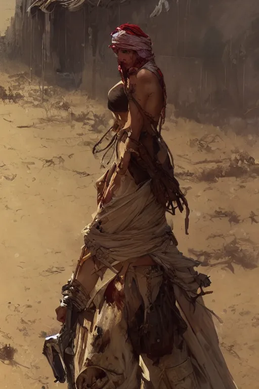 Image similar to a full body portrait of a beautiful post apocalyptic offworld soldiers quarter bedouin blind pulp fiction scarlet wild rogue barbarian leper begging by the roadside, intricate, elegant, highly detailed, digital painting, artstation, concept art, smooth, sharp focus, illustration, art by krenz cushart and artem demura and alphonse mucha