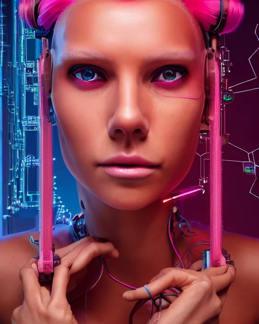 Image similar to portrait of a beautiful tanned woman with pink hair as a cyberpunk cyborg half robot, revealing wires and electronics, hooked - up, sci - fi, missing panels, intricate abstract upper body intricate artwork, concept art, octane render, deviantart, cinematic, key art, hyperrealism, iridescent accents, portrait photograph, nikon 3 5 mm, photograph by greg rutkowski