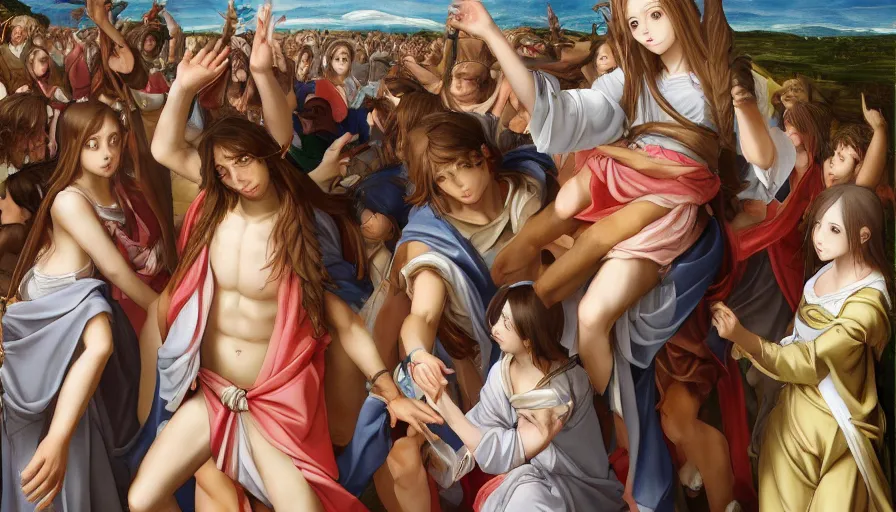 Image similar to jesus christ our lord being carried by cute lightly dressed anime girls, photorealistic, anime, mini skirt, long hair, renaissance painting, hyper real, detailed, wide angle shot, ultra detailed