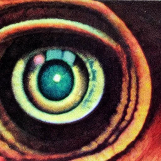 Prompt: closeup of a saturated goat eye with many pupils by ed emshwiller