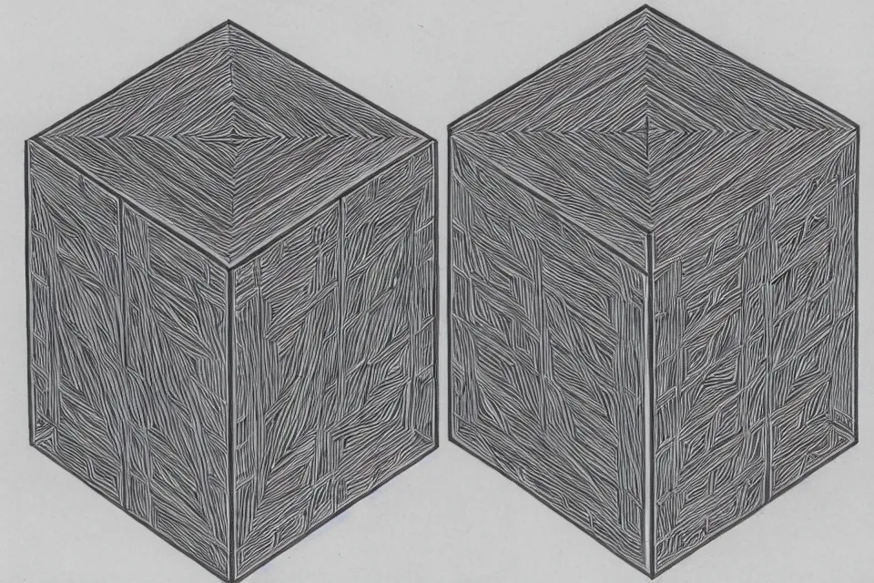Prompt: geometric anamorphic drawing of a tesseract