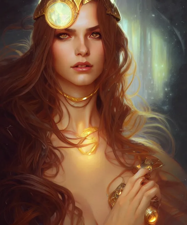 Image similar to fantasy magic woman portrait, sci-fi, amber eyes, face, long hair, fantasy, intricate, elegant, highly detailed, digital painting, artstation, concept art, smooth, sharp focus, illustration, art by artgerm and greg rutkowski and alphonse mucha