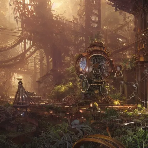 Prompt: a ultradetailed beautiful concept art of the core of a intricate steampunk machine where vegetation have start to peacefully grow in harmony with the machine, dynamic lighting, cinematic lighting, magical atmosphere, concept art, high resolution 4 k, by yasuyuki kaji, greg rutkowski, charlie bowater and artgeem