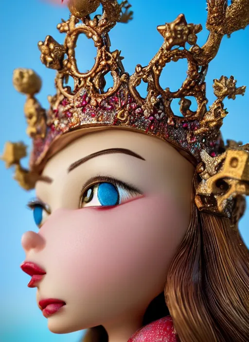 Image similar to closeup profile portrait of tin toy fairytale princess wearing a crown, bikini, depth of field, zeiss lens, detailed, symmetrical, centered, fashion photoshoot, by nicoletta ceccoli, mark ryden, lostfish, breathtaking, 8 k resolution, extremely detailed, beautiful, establishing shot, artistic, hyperrealistic, octane render