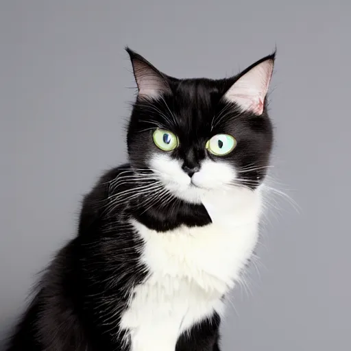 Prompt: ragdoll cat standing on its hind legs, wearing a tuxedo and a baseball hat