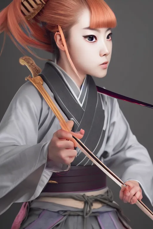 Image similar to highly detailed beautiful photo of a young female samurai, practising sword stances, symmetrical face, beautiful eyes, realistic anime art style, 8 k, award winning photo, pastels, action photography, 1 / 1 2 5 shutter speed, dramatic lighting