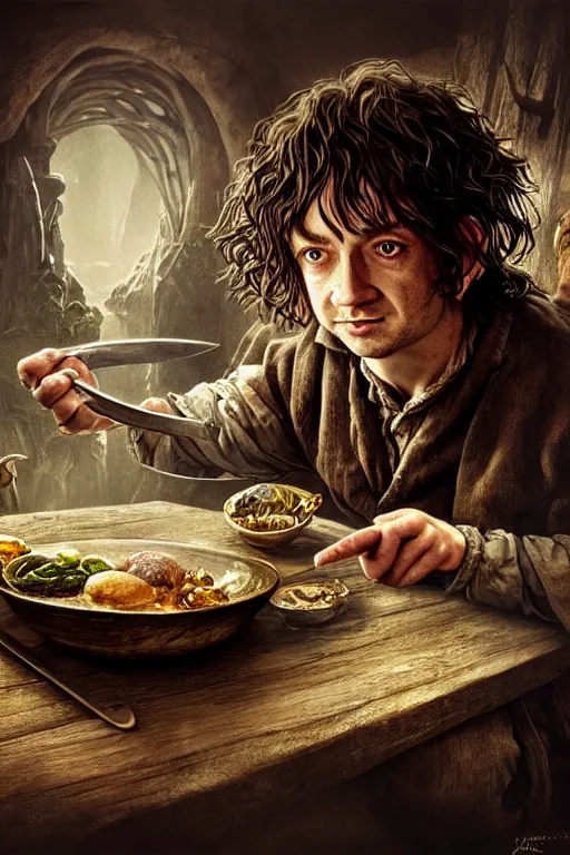 Prompt: dirty faced and very happy looking hobbit looking the table full of food, fantasy, intricate, elegant, highly detailed, digital painting, artstation, concept art, addiction, chains, smooth, sharp focus, illustration, art by Ilja Repin