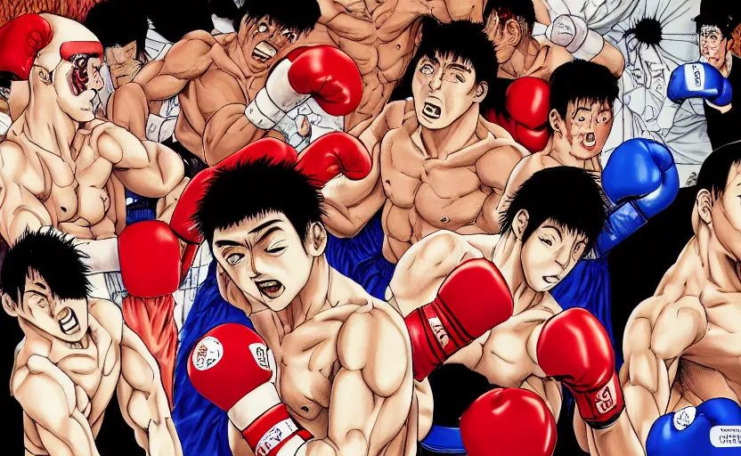 Image similar to a violent boxing match, a boxer punches a boxer in the face, anime, manga panel, masterpiece, by joji morikawa, by kentaro miura, by yukito kishiro, by hayao miyazaki, 4 k wallpaper, bloody, sweaty, hajime no ippo manga inspired