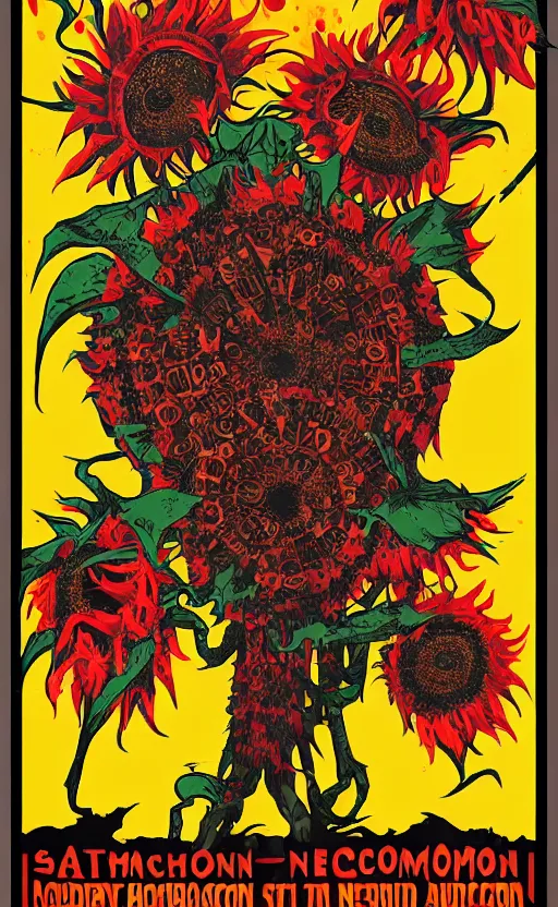 Prompt: 8 k cursed with necronomicon horrorcore cel animation poster depicting sunflowers spattered with blood, intricate, metropolis, 1 9 5 0 s movie poster, post - processing, vector art