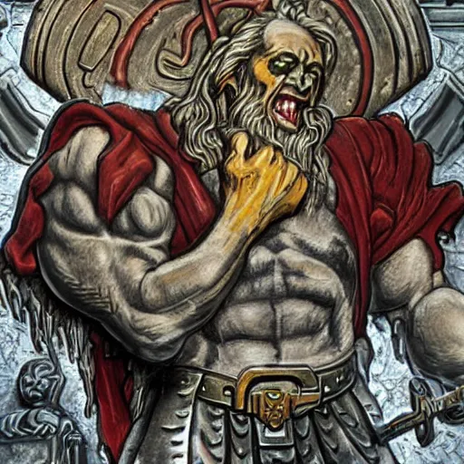 Image similar to realistic grom hellscream giving judas iscariot thirty pieces of silver