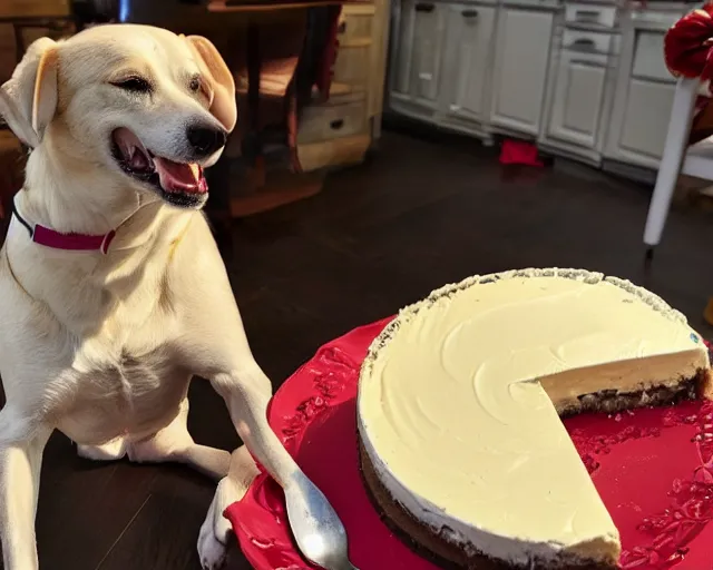 Image similar to 30-year-old dog eating cheesecake for his birthday, old, wrinkly, happy, festive, wholesome