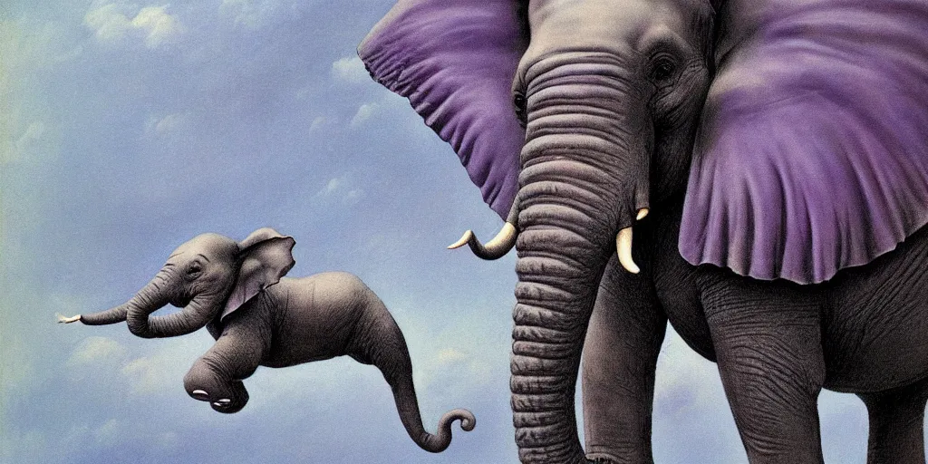 Image similar to a single purple elephant flying in the air like dumbo during a storm, close up of elephant with ground behind, illustration, detailed, smooth, soft, warm, by Adolf Lachman, Shaun Tan, Surrealism