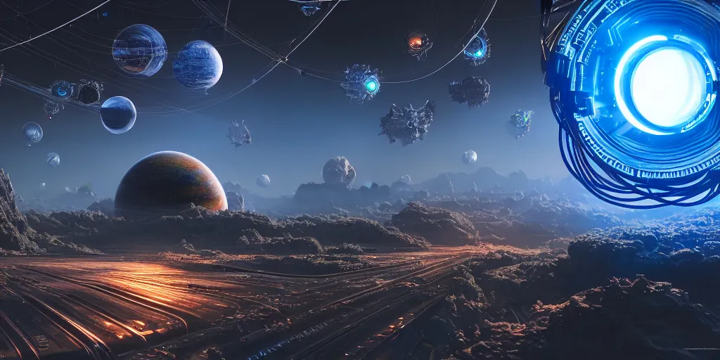 Image similar to ultra detailed photorealistic the planet of gaia, cinematic light, sci fi, glossy, cybernetic machines, wires, robotics, futuristic decor, trending on artstation, global illumination, ultra realistic illustration, matte painting, high detailed, unreal engine, octane render, 4 k, hd, high quality