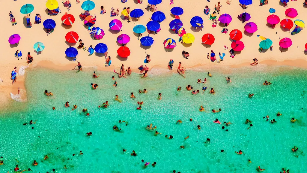 Image similar to photograph beachscapes from an almost perpendicular angle, Aerial view of sandy beach with umbrellas and sea, Aerial of a crowded sandy beach with colourful umbrellas, sun bathers and swimmers during summer, by Tommy Clarke