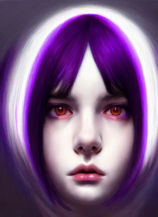 Image similar to hair whitebangs hair, black hair, whitebangs, portrait of teenage girl with white bangs, red irises, purple clothes, white bangs, bangs are different color from hair, intricate, elegant, glowing lights, highly detailed, digital painting, artstation, concept art, smooth, sharp focus, illustration, art by wlop, mars ravelo and greg rutkowski