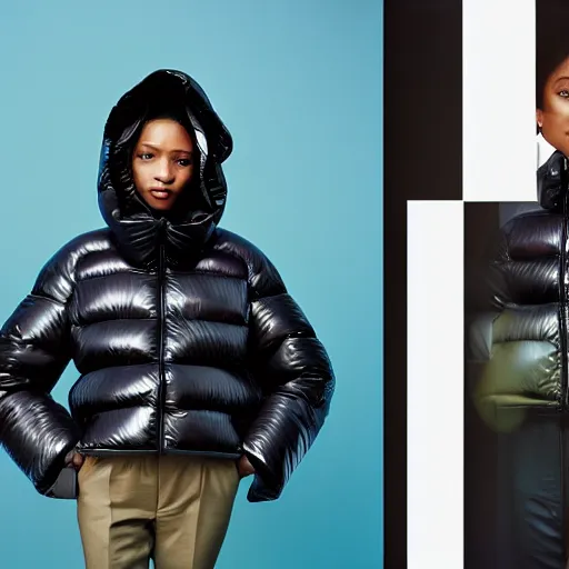 Prompt: realistic photoshooting for a new issey miyake lookbook, color film photography, portrait of a beautiful woman, model is wearing a futuristic puffer jacket, in style of tyler mitchell, 3 5 mm,