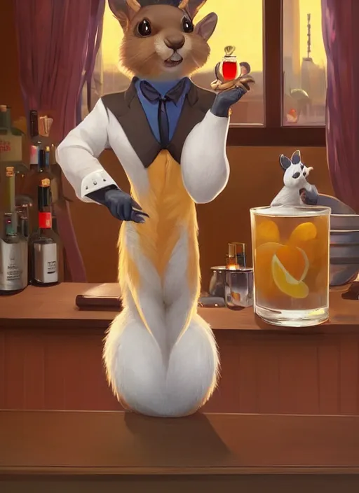 Prompt: squirrel anthro as a dapper bartender with a big, fluffy tail, retrofuturism, art deco, detailed painterly digital art by WLOP and Cory Loftis, 🐿🍸🍋, furaffinity, trending on artstation