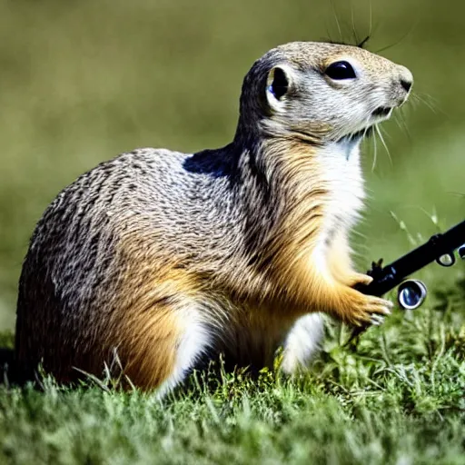 Prompt: a prairie dog. holding a riffle with a scope, aiming, lying on the grass